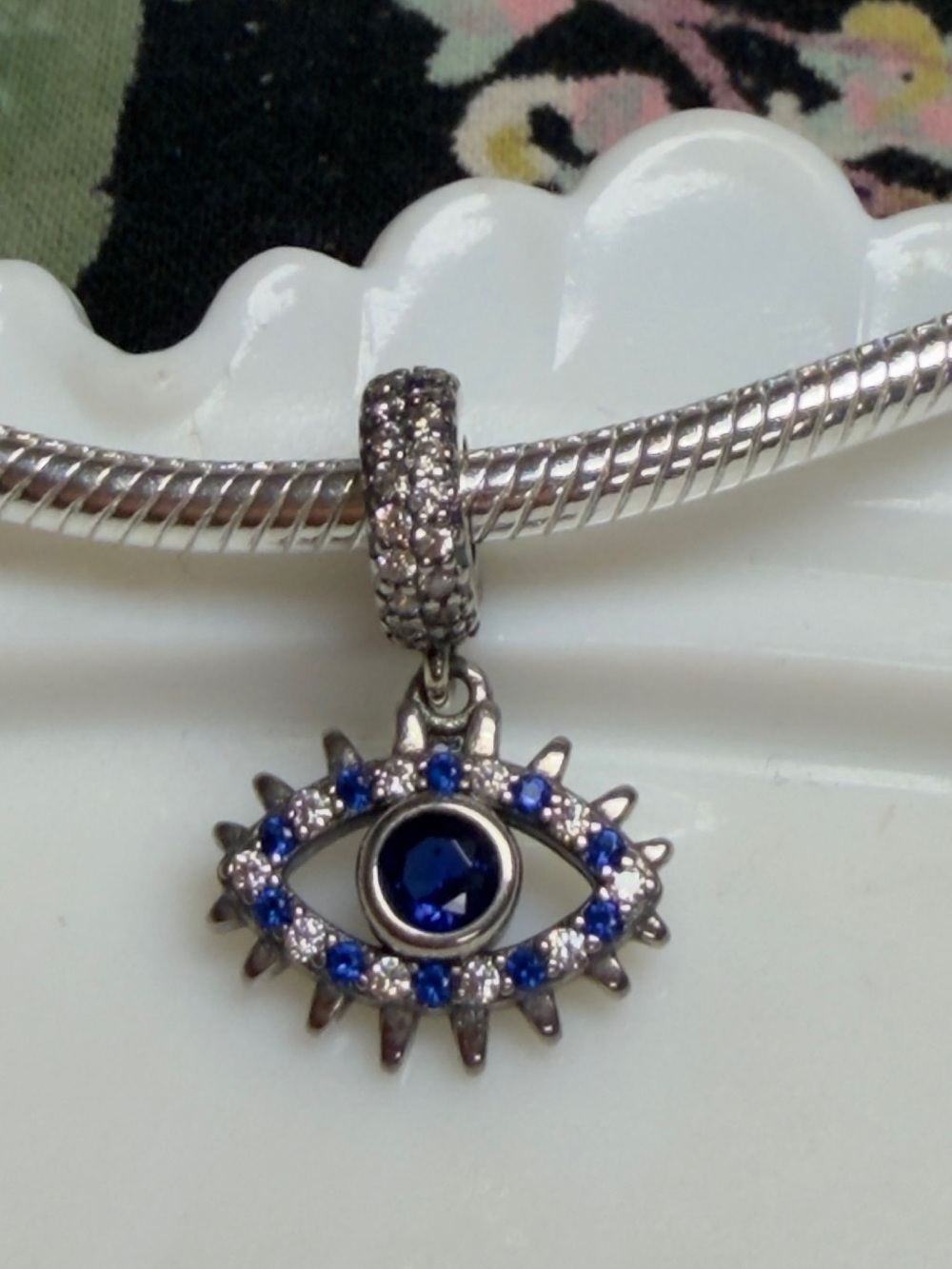 925 Sterling Silver. Evil Eye Blue Crystal Dangle Charm Bracelet Pendant